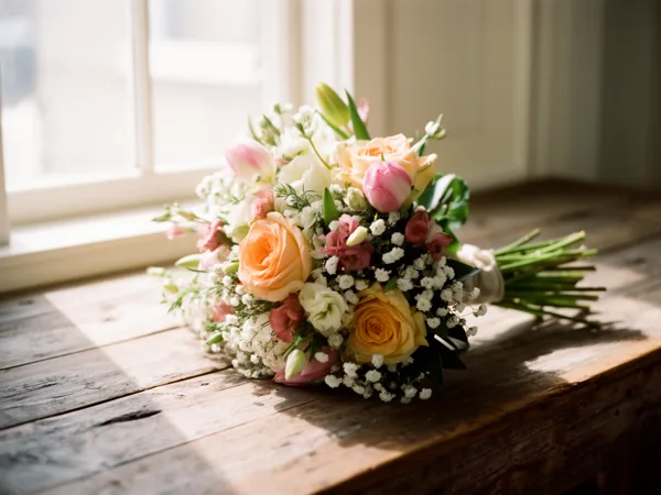 A floral bouquet with peach roses, pink tulips, and white baby's breath on a rustic wooden table, illuminated by soft natural light from a window.