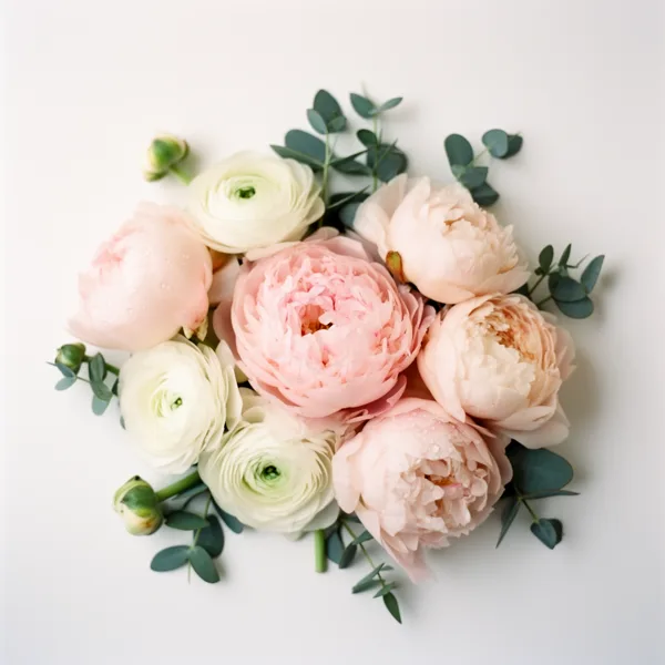 Arrangement of pastel pink peonies and white ranunculus flowers with eucalyptus leaves on a white background in soft natural light.
