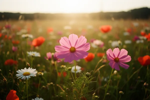 A close-up of vibrant wildflowers, including a pink flower, daisies, and poppies, in a sunlit meadow at sunset.