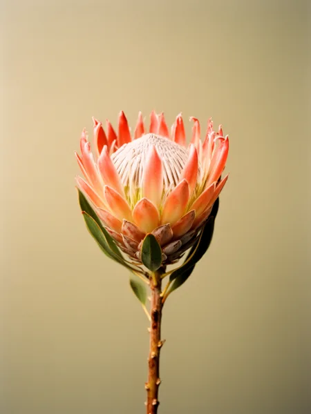Close-up of a King Protea flower with pink petals and a white center against a muted background, softly lit.