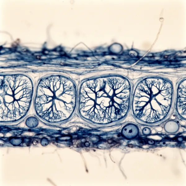 Microscopic view of plant stem cells showing intricate tree-like vascular structures in blue against a light background.