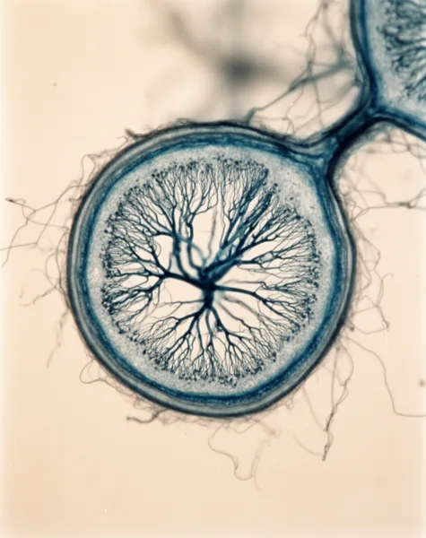 Microscopic view of a plant cell with tree-like structures in blue against a beige background.
