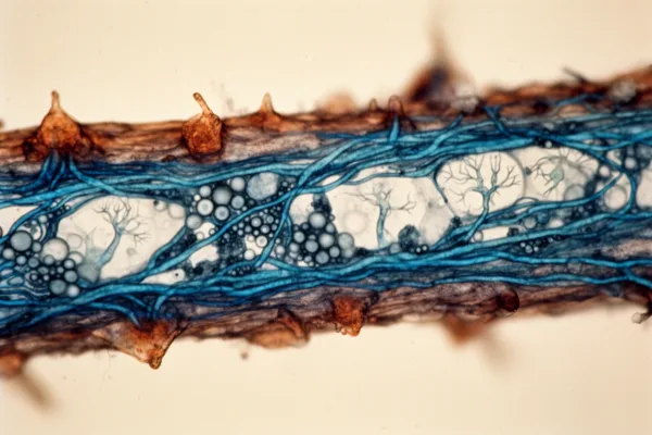 Microscopic view of a plant stem cross-section with blue vascular tissues and spherical cells against a beige background.