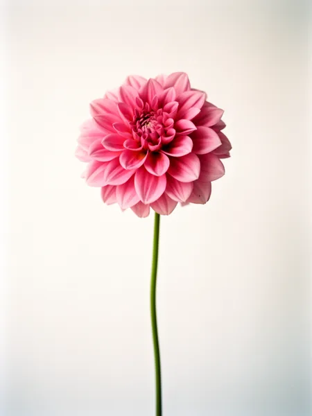 A pink dahlia flower with a long green stem against a white background, lit softly.