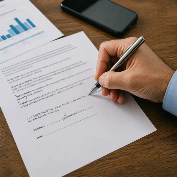 A hand signing a business contract on a wooden desk with a smartphone and a document with a bar chart nearby, under soft lighting.