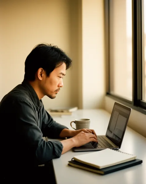 A professional man working on a laptop at a desk by a window with a coffee mug and notebook nearby, in soft natural light.