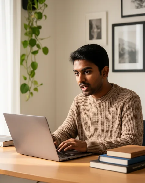 A young man in a sweater working on a laptop at a desk in a home office with framed art and a plant, lit by soft natural light.
