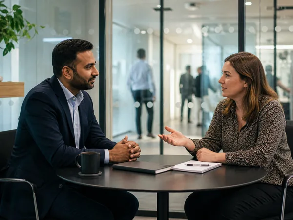 A man and woman in a business meeting at a round table in a modern office with glass walls and blurred figures in the background, under soft natural light.