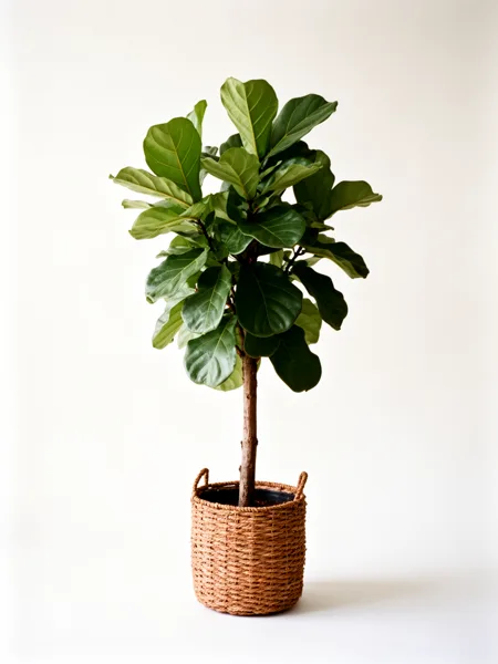 A fiddle leaf fig tree in a woven basket against a white background, with vibrant green leaves and soft lighting.