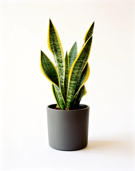 A snake plant with green and yellow leaves in a gray pot on a white background with soft lighting.