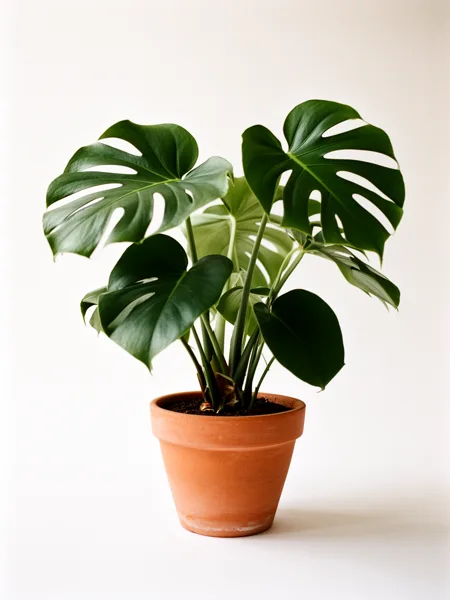 A monstera plant in a terracotta pot against a white background with soft natural lighting.