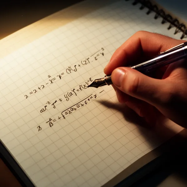 A hand writing mathematical equations in a grid notebook with a fountain pen under warm light.
