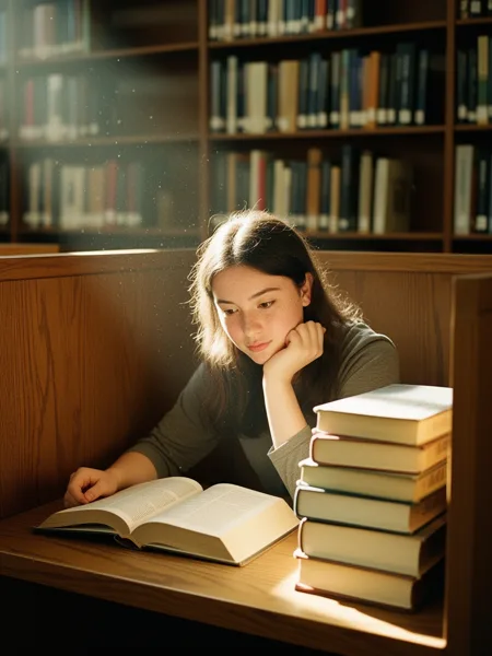 A young woman reading a book in a library nook with sunlight streaming in and a stack of books beside her.