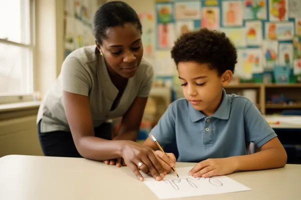 A teacher helps a young student with writing in a classroom, surrounded by colorful artwork and soft natural light.