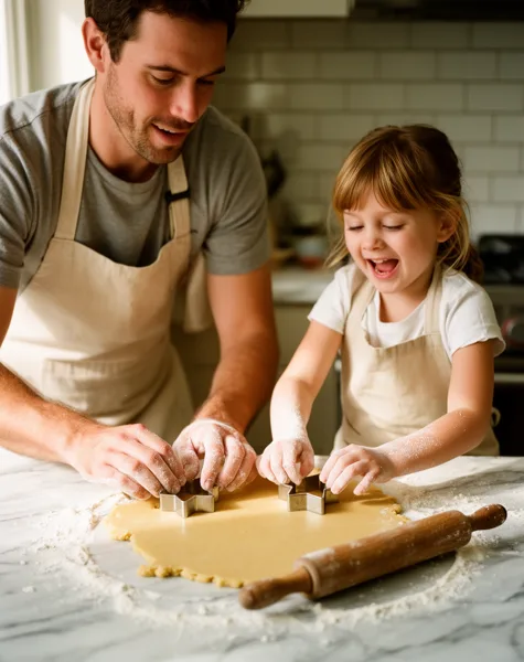 Father and daughter in aprons using cookie cutters on dough in a kitchen with soft natural light.