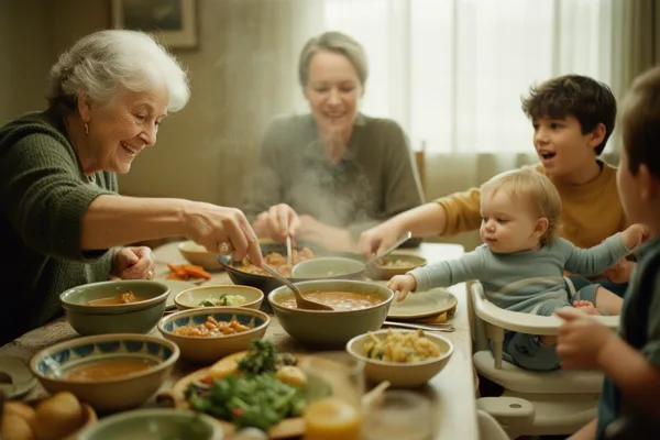 A family of different generations enjoying a meal together at a dining table with various dishes, in soft natural light.