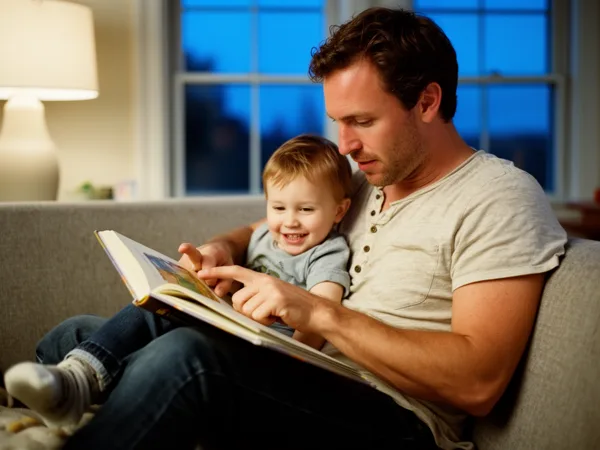 A father and young son sitting on a sofa, reading a picture book together under the warm light of a lamp.