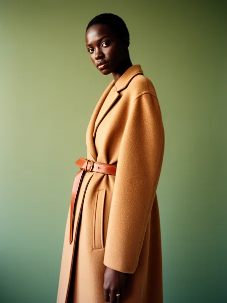 A woman wearing a camel coat with a brown belt stands against a green background with soft lighting.
