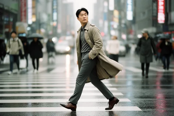 A man in a trench coat and trousers crossing a busy city street with blurred pedestrians and cars in the background on an overcast day.