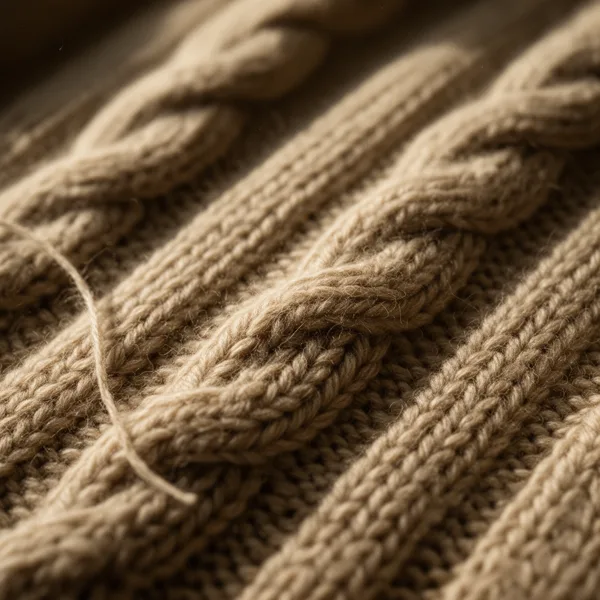 Close-up view of a beige knitted wool fabric with a cable knit pattern under soft natural light.