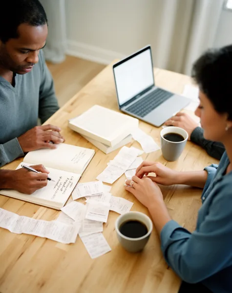 A couple organizing finances with receipts, a notebook, and a laptop on a wooden table, with two cups of coffee in a softly lit room.