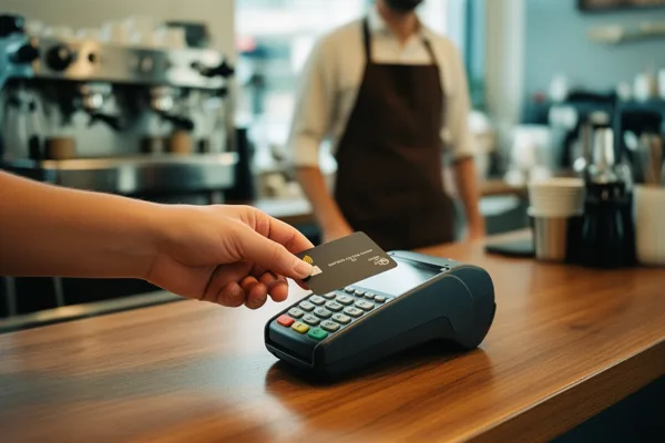 A hand holding a credit card over a card reader in a coffee shop with a barista in the background.