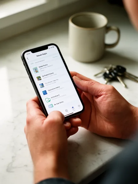 A person holding a smartphone with a finance app interface, set on a marble countertop with a mug and keys in soft natural light.