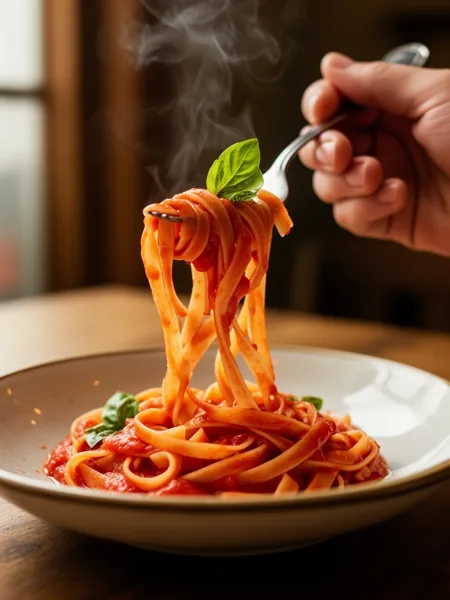Steaming linguine pasta with tomato sauce and basil being twirled on a fork over a wooden table.