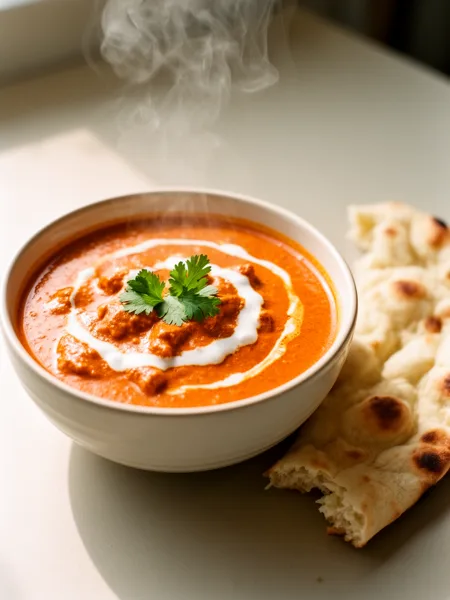 A bowl of butter chicken with cream and cilantro garnish, accompanied by naan bread, in soft natural light.