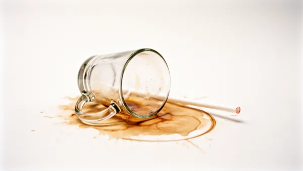 A glass mug tipped over with coffee spilled around it on a white surface, with a straw nearby and soft lighting.