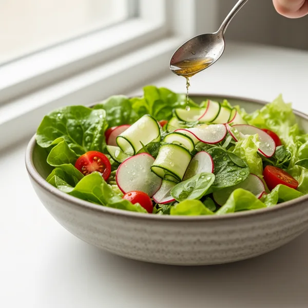 A fresh vegetable salad with lettuce, radishes, cucumber, and tomatoes in a bowl, with dressing being drizzled from a spoon by a window with soft natural light.