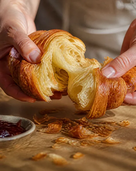 Hands breaking a flaky croissant on a wooden surface with pastry flakes and a dish of jam nearby in soft natural light.