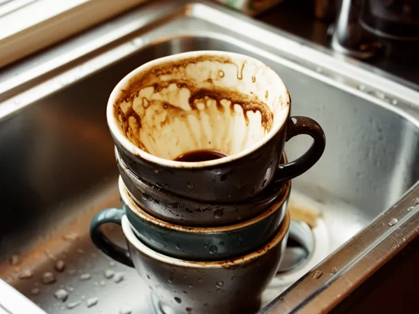 A stack of used coffee cups with coffee stains inside a stainless steel sink, lit by natural window light.