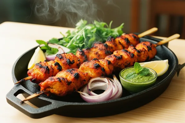 Grilled chicken skewers on a cast iron skillet with herbs, lemon wedges, and green chutney under warm lighting.