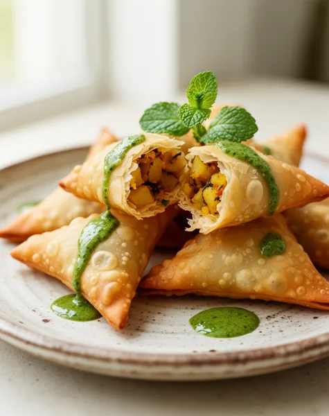 Plate of crispy samosas with potato filling, garnished with mint leaves and mint chutney, in natural light.