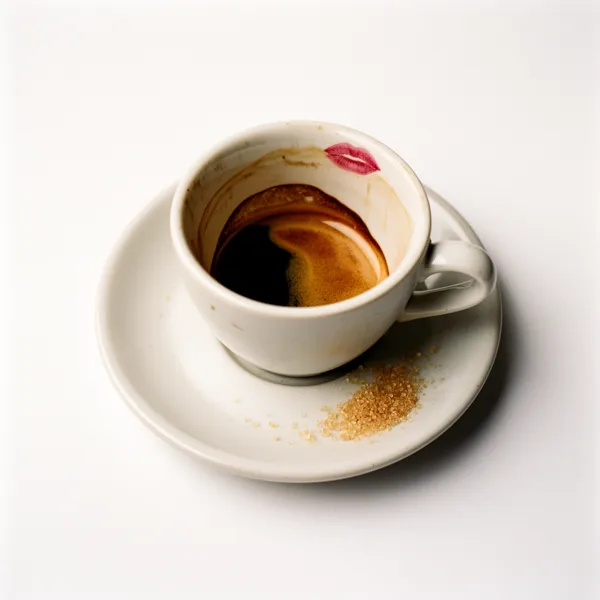 White espresso cup with lipstick mark on rim, espresso remnants inside, on saucer with brown sugar crystals, shot from above with soft lighting.