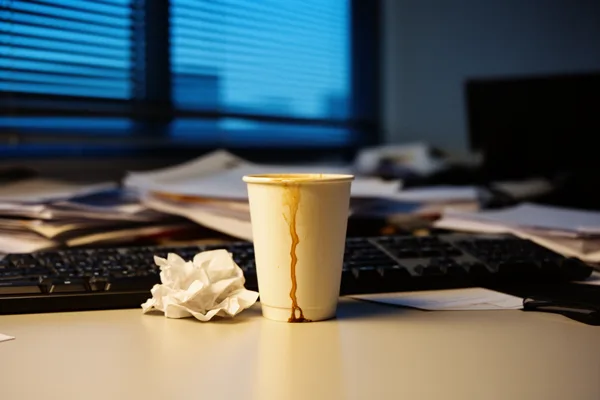 A paper coffee cup with a spill on an office desk next to a keyboard and crumpled paper, with a window in the background.