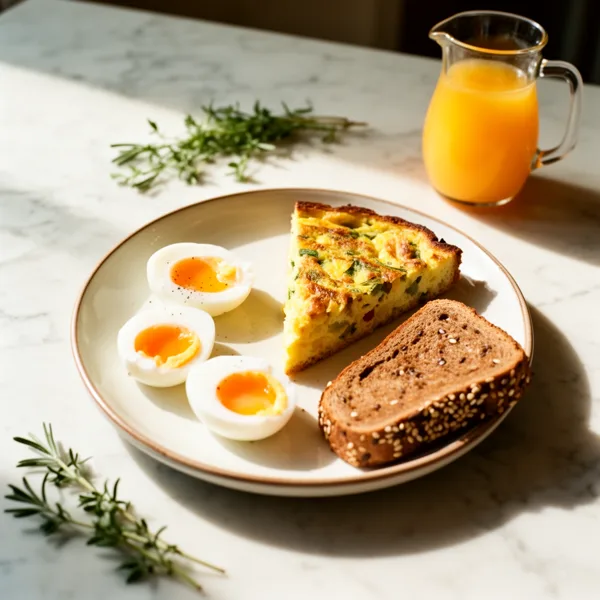 A breakfast plate with a slice of vegetable frittata, soft-boiled eggs, whole grain bread, and a jug of orange juice on a marble countertop with rosemary.