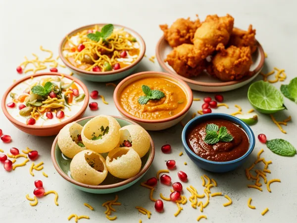 Assorted Indian chaat dishes with puris, chutneys, and garnishes on a light tabletop with scattered sev and pomegranate seeds, under soft natural lighting.
