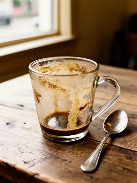 A clear glass coffee cup with espresso remnants and a spoon on a wooden table, lit by natural window light.