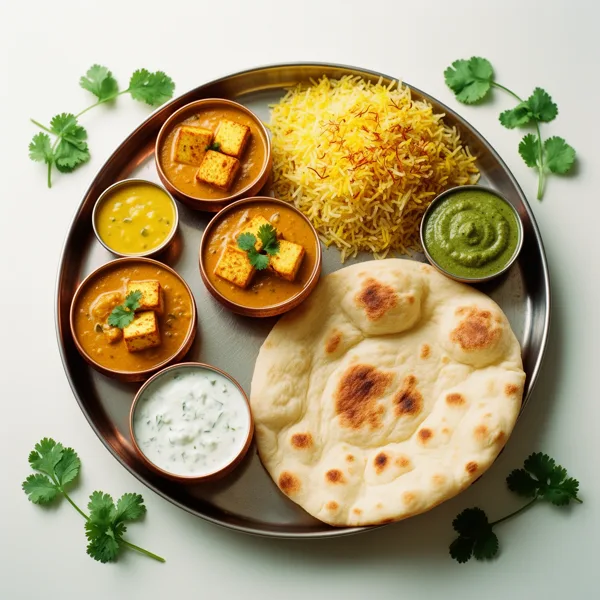 An Indian thali with naan, paneer curry, dal, saffron rice, and chutney on a white background with coriander garnish.
