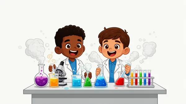 Illustration of two children in a science lab with colorful beakers and test tubes, wearing lab coats, with steam rising from the experiments.