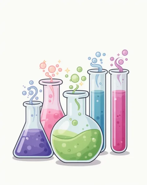 Illustration of colorful chemistry flasks and test tubes with bubbling liquids and a white background.