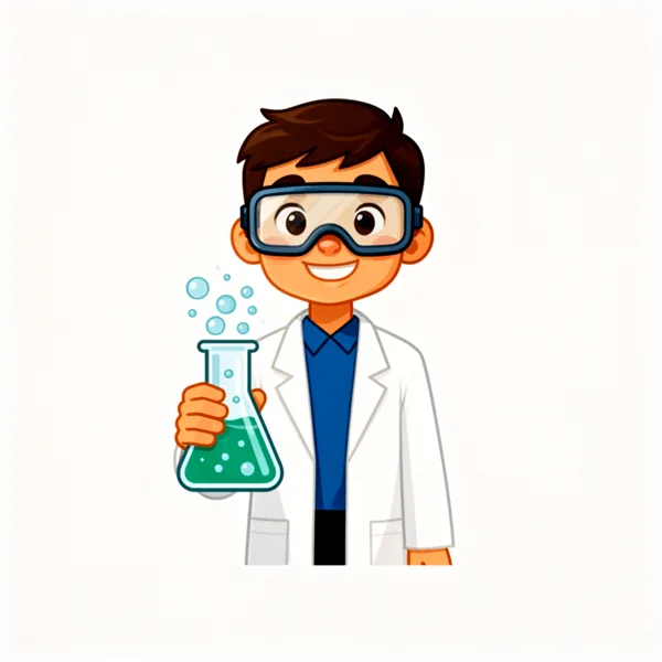 Illustration of a young scientist in a lab coat and goggles holding a beaker with green liquid against a white background.