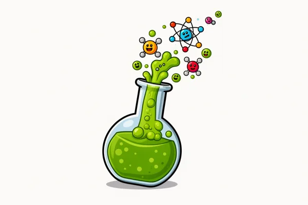 Illustration of a chemistry flask with green liquid and smiling atomic structures against a white background.
