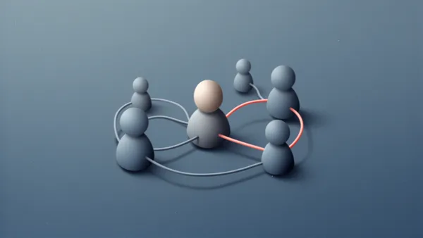Abstract illustration of connected human figures with lines on a gradient blue background, symbolizing a network or communication.
