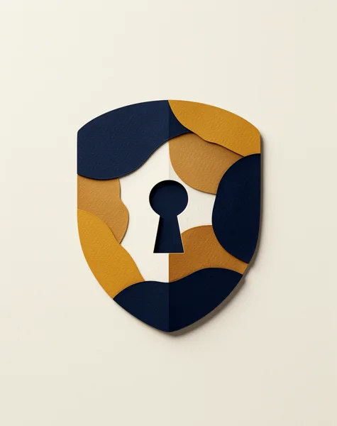 An abstract shield illustration with a central keyhole, composed of layered paper textures in navy blue, mustard yellow, and cream, set against a cream background.