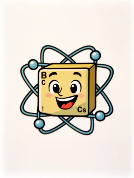 A cartoon atom character with a smiling face, yellow cube, and blue electron orbits on a white background.