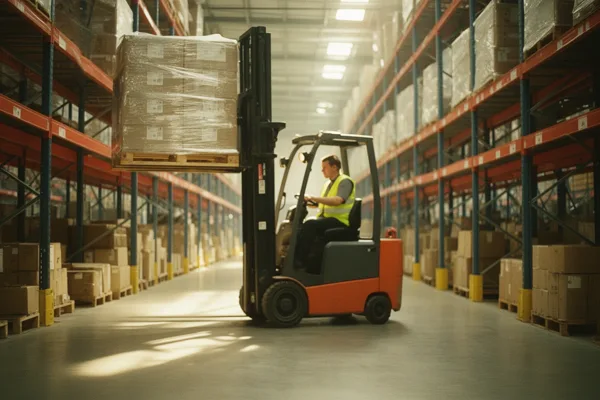 Forklift operator lifting a pallet in a warehouse aisle with shelves filled with boxes, under soft lighting.