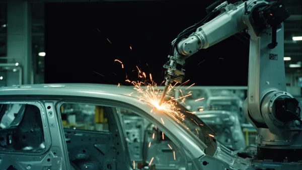 A robotic arm welding a car frame with sparks flying in a factory setting with dim lighting.